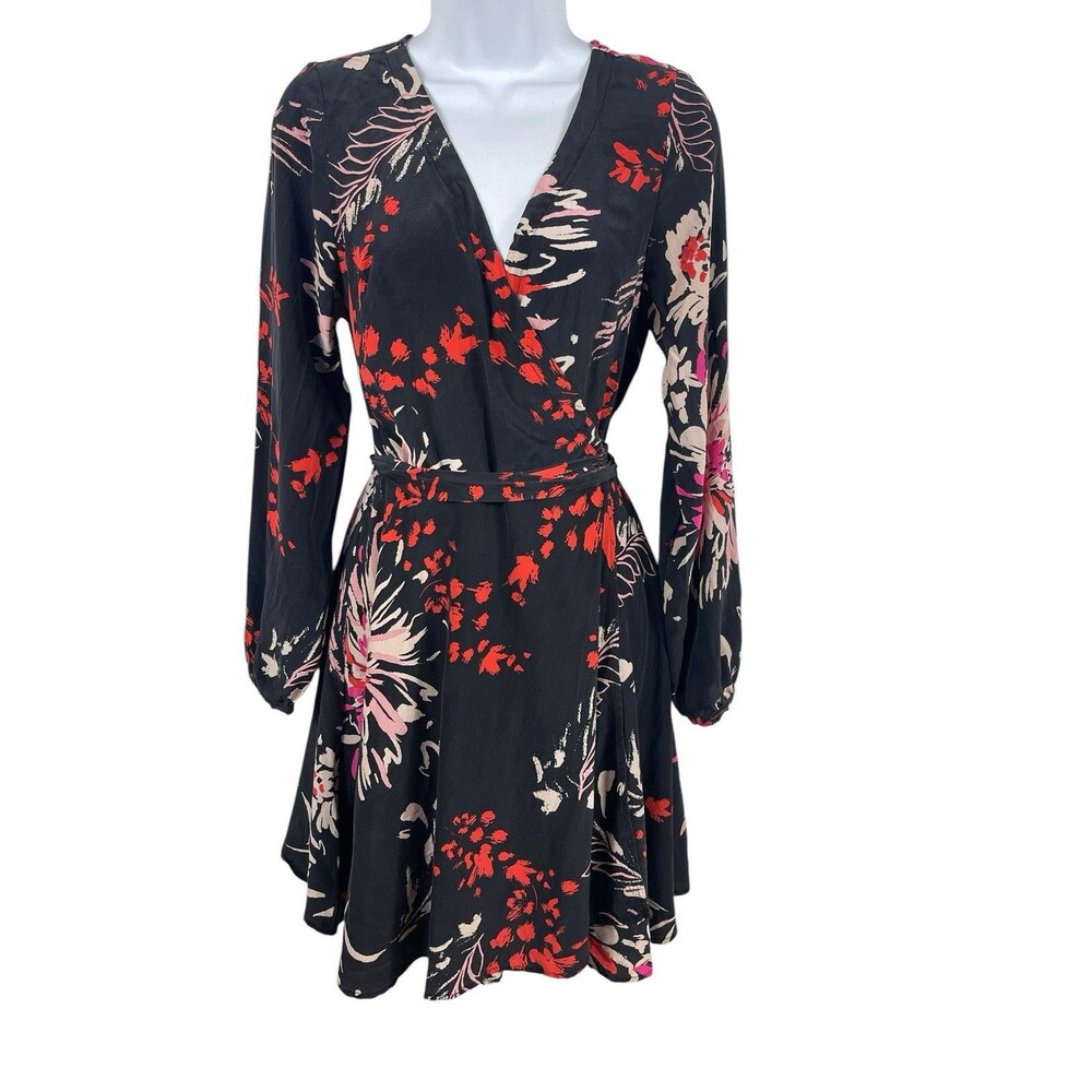 Yumi Kim 100% Silk Wrap Dress Black Floral Long Sleeve Mini Boho Romantic M